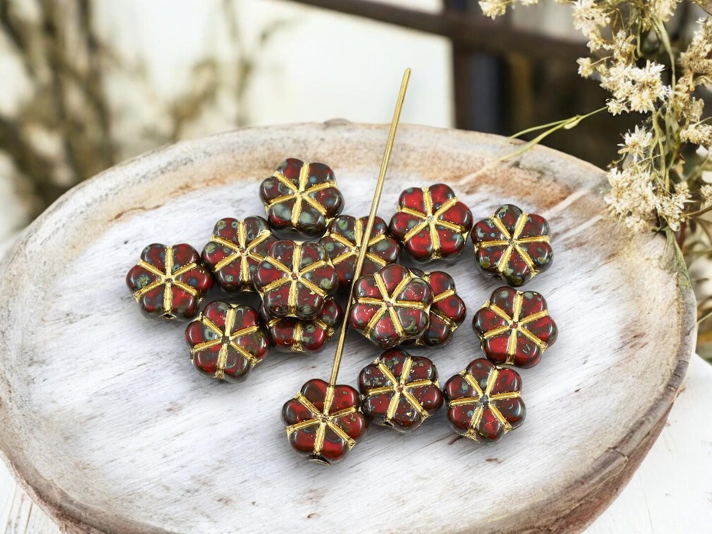 *15* 10mm Gold Washed Opaque Red Travertine Forget Me Not Flower Beads