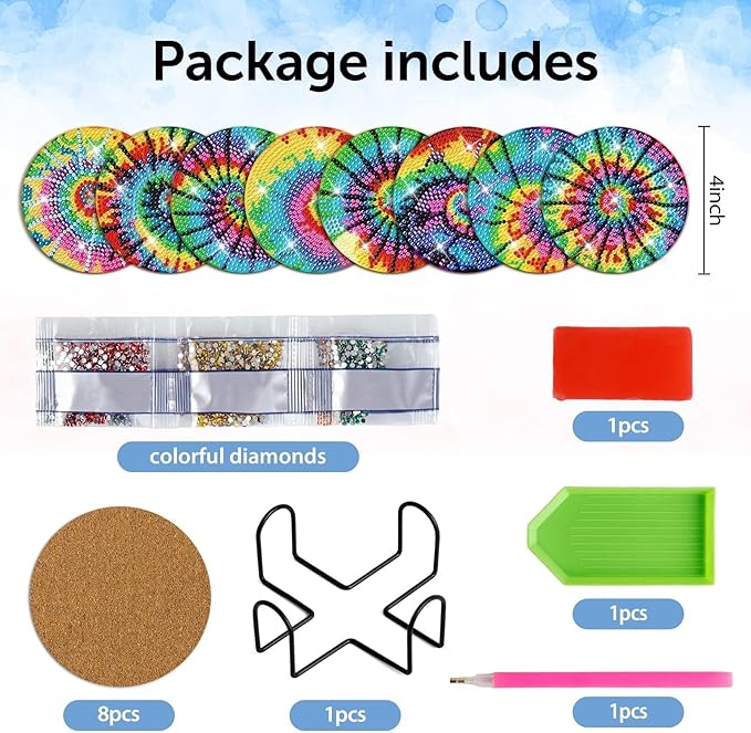 8 PCS Tie-Dye Diamond Art Coasters Kits with Holder DIY Tie-Dye Diamond Art Coaster Non Slip Coaster for Adults Diamond Art Kits Supplies for Present