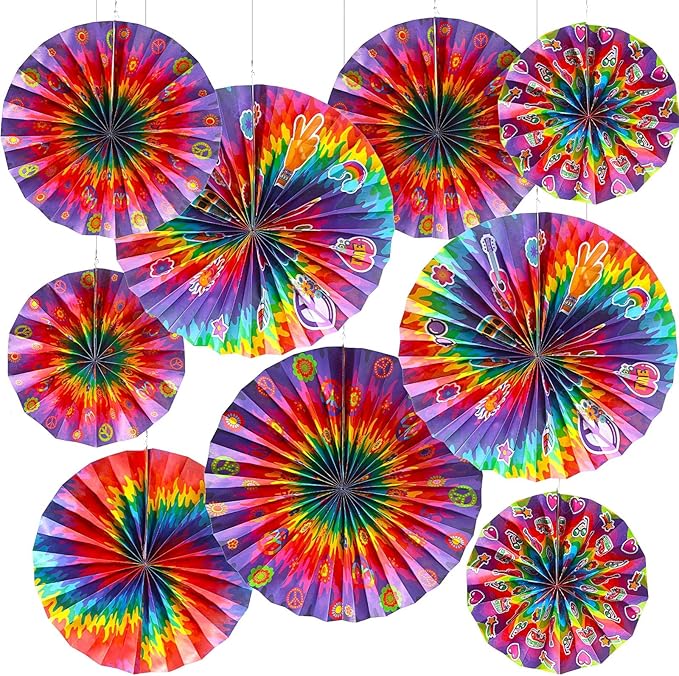 9 Pcs Tie Dye Party Supplies Groovy Hippie Hanging Paper Fans Classroom Decoration 60s Party Ceiling Wall Decor Fans Peace and Love Sign for Carnival Hippie Groovy Theme Birthday Ceiling