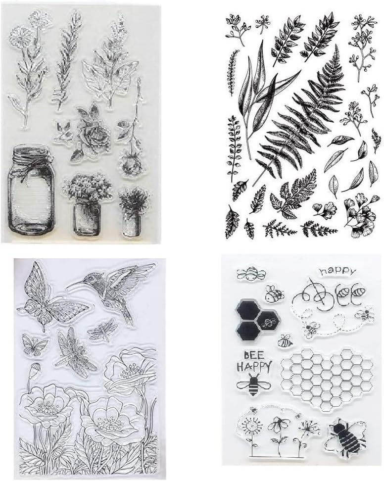 4pcs/Set Hummingbird Plant Leaves Wishing Bottle Flower Rubber Clear Stamp for Card Making Decoration and Scrapbooking