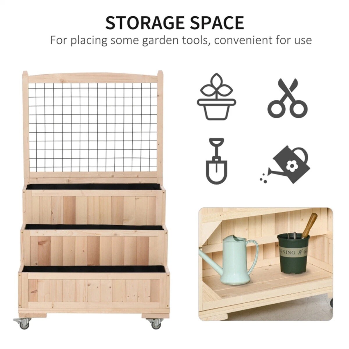 3-Tier Wooden Raised Garden Bed with Wheels, Trellis & Back Storage