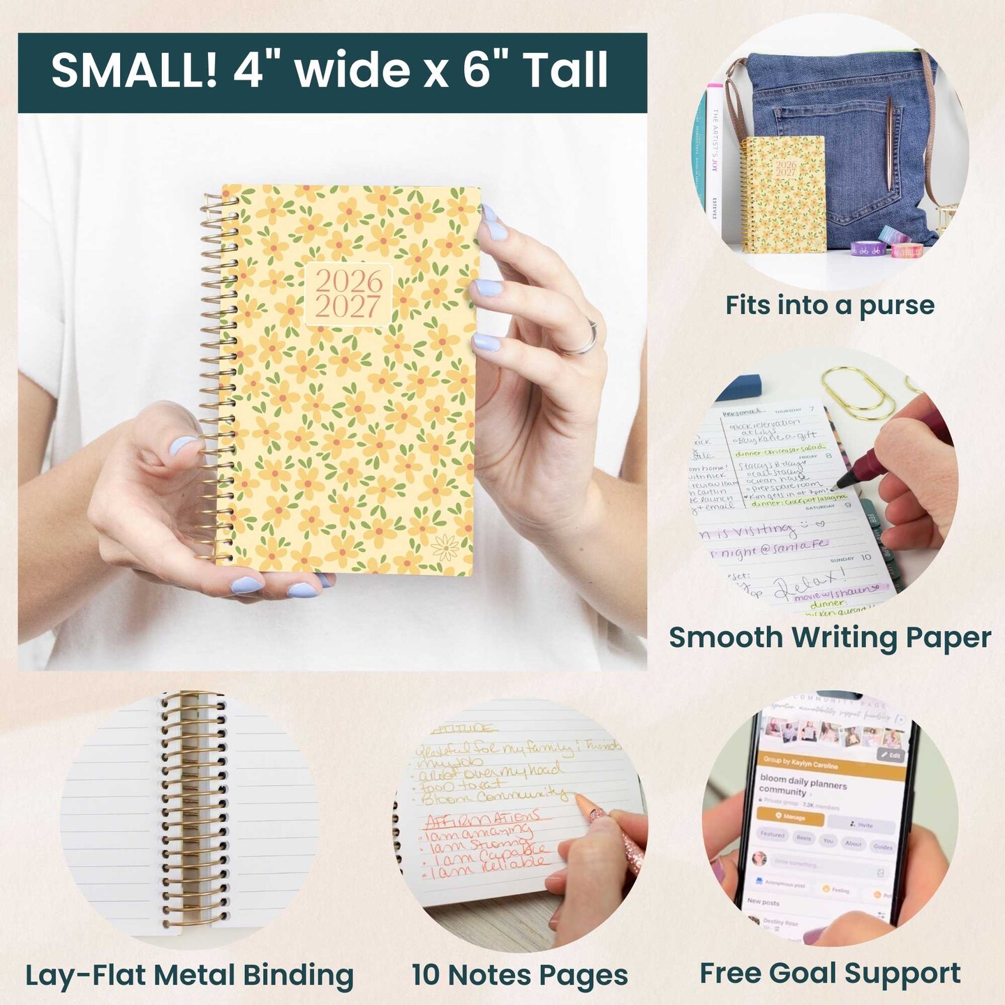 bloom daily planners 2026–2027 Academic Pocket Planner, 13 Month Monthly & Weekly, 4" x 6", Butter Yellow Daisies