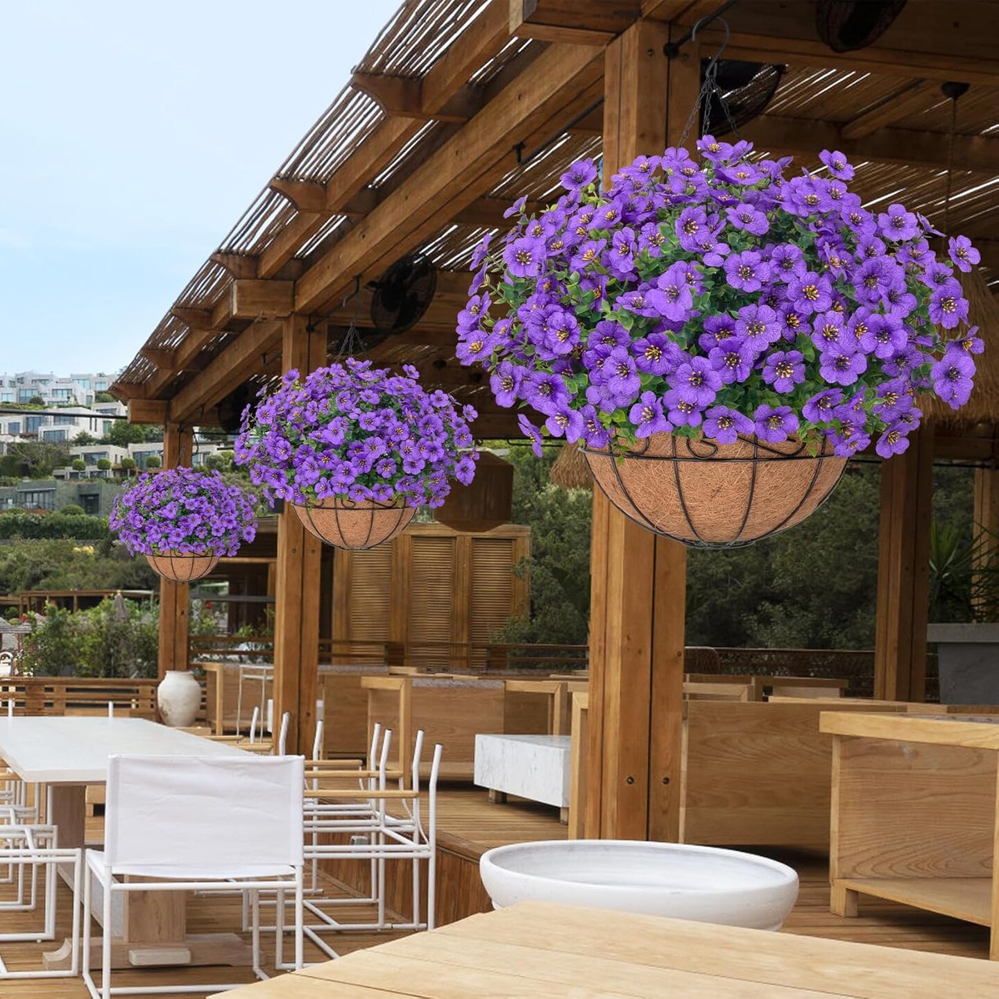 Artificial Hanging Flowers for Outdoors, UV Resistant Silk Flowers Basket Purple