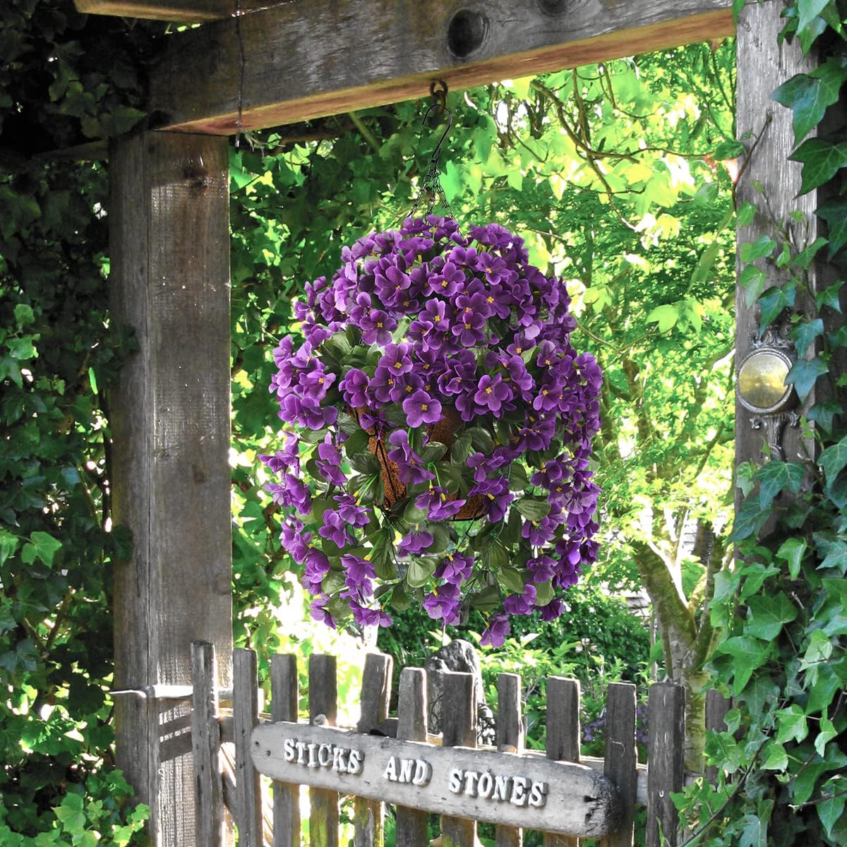 Artificial Hanging Flowers Basket for Outdoor Summer Decoration (4pcs Purple)