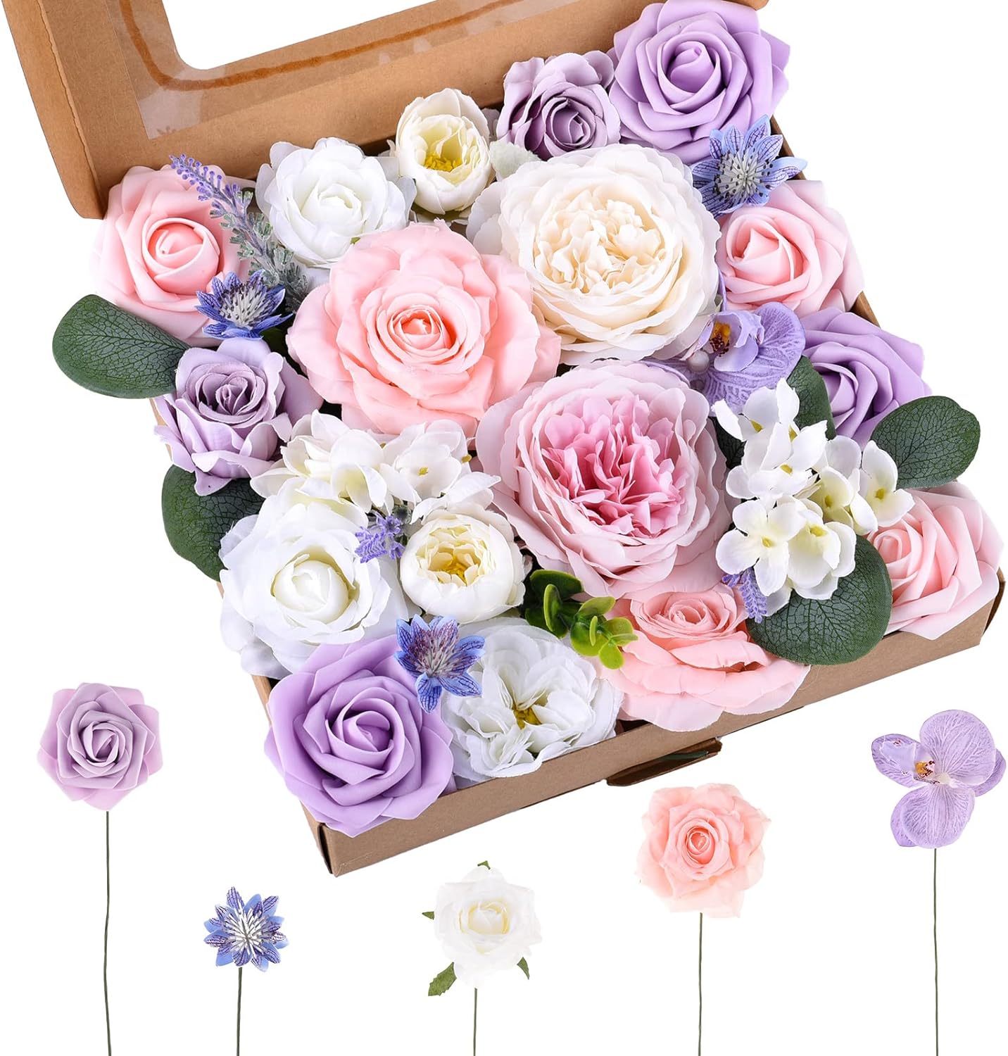 Purple Pink Artificial Flowers Combo Box, Silk Floral Wedding Bouquets Rose