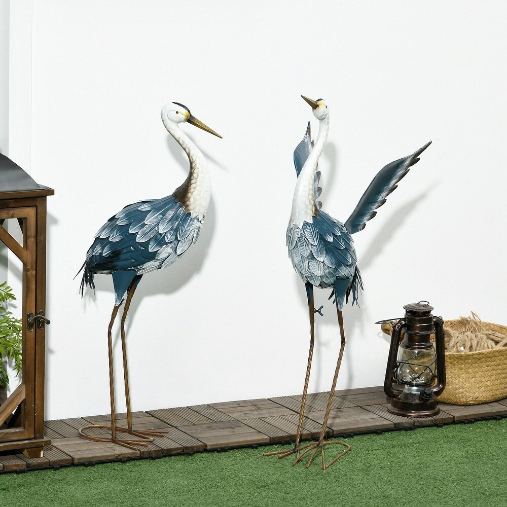 Crane Garden Statues 28.5" & 29" Metal Yard Art Blue & White Set of 2