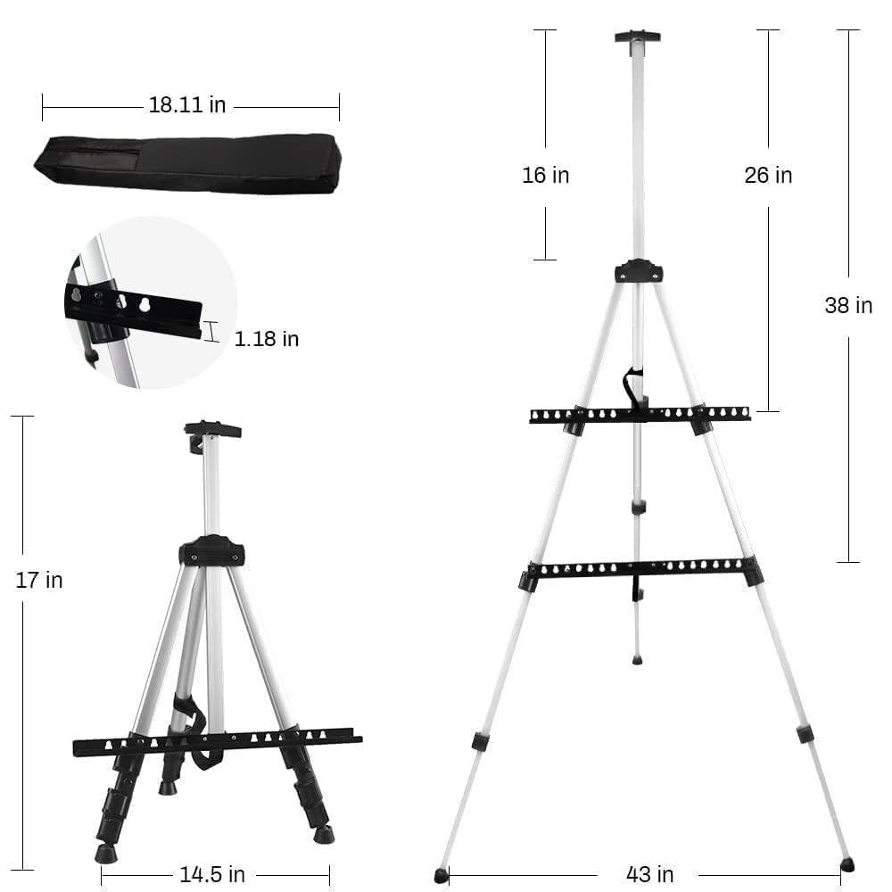 Art Easel Stand for Painting and Sign - RRFTOK Aluminum 66 Inch Metal Tripod Adjustable Portable Easels for Display - Canvas Stand for Table Top Floor Drawing for Artists Adult Holder or Teen &#x26; Organizer Storage Tote Bag