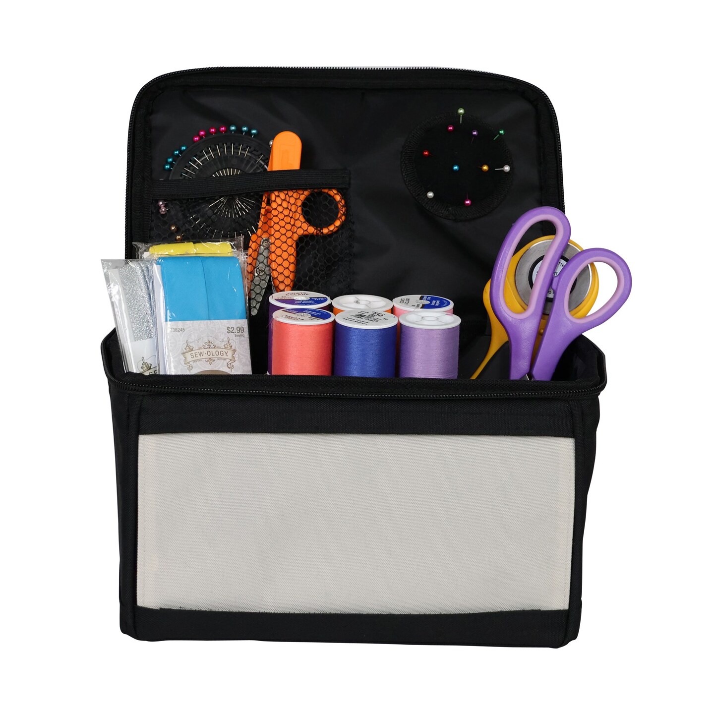 Everything Mary Sewing Kit Organizer Box, Tan- Supplies Storage Basket for Supplies and Accessories - Organization for Thread, Needles, Notions & Scissors - Portable Craft Caddy