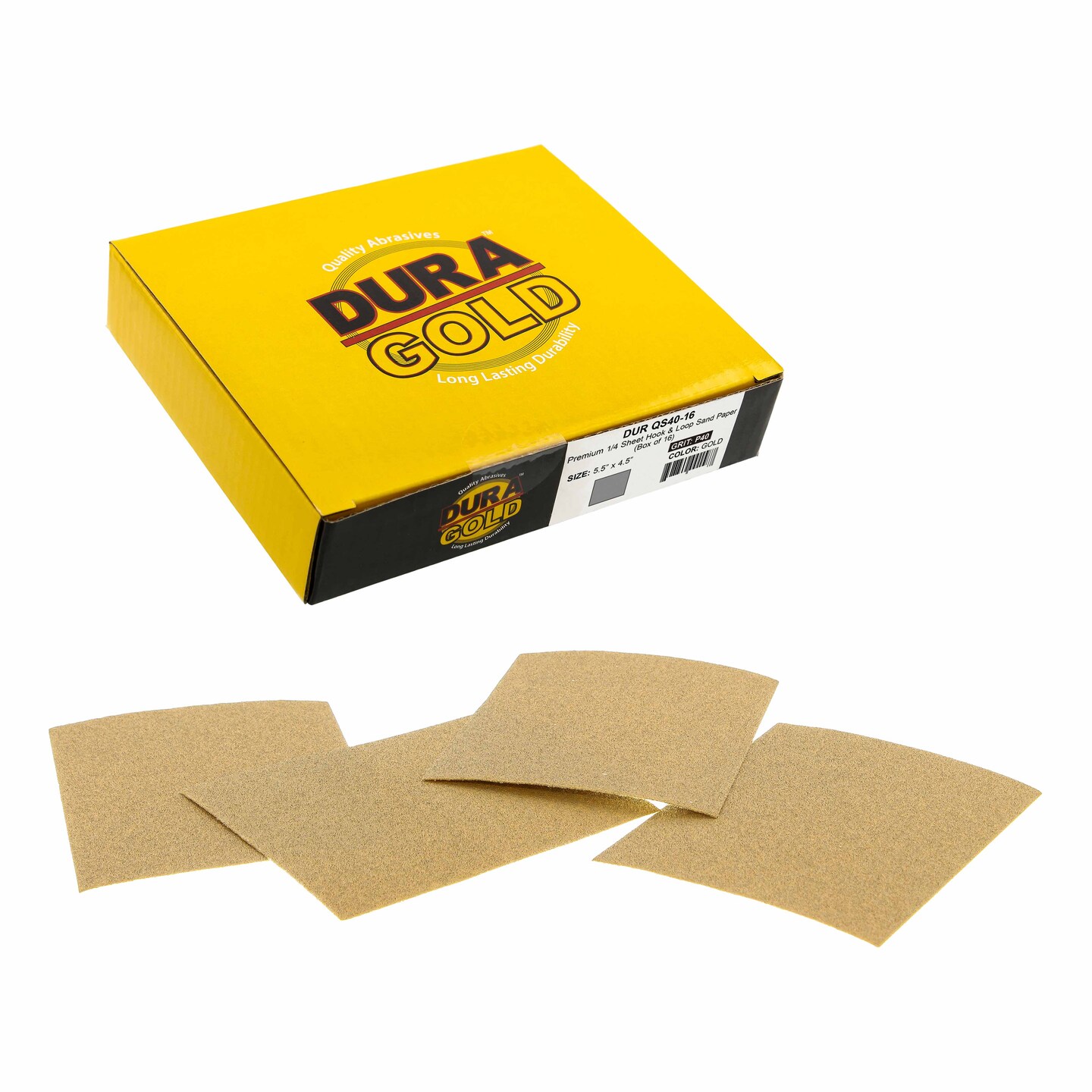 40 Grit - 1/4 Sheet Hook &#x26; Loop Sandpaper 5.5&#x22; x 4.5&#x22; - For Automotive &#x26; Wookworking Palm Sanders - Box of 16