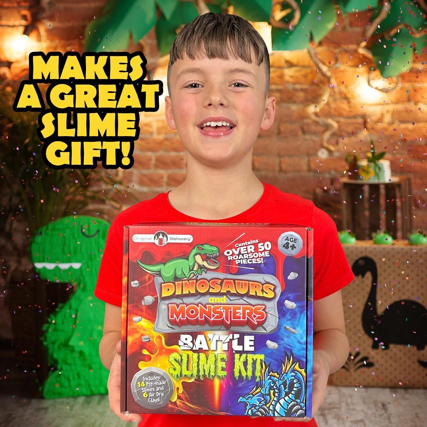 Original Stationery Dinosaur and Monsters Battle Slime Kit, Slime Pack with 14 Premade Slimes for Boys, Dinosaur Toy Molds and Dino Toys Figures