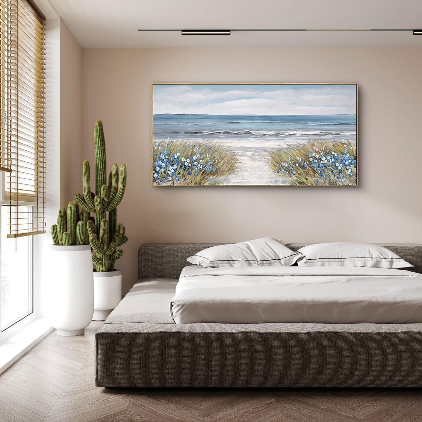 Framed Wall Art for Bedroom Decor - Farmhouse Boho Beach Coastal Vintage Floral Ocean Wall Picture Daisy Flowers Sea Canvas Print Nautical Neutral Seascape Artwork for Home Living Room