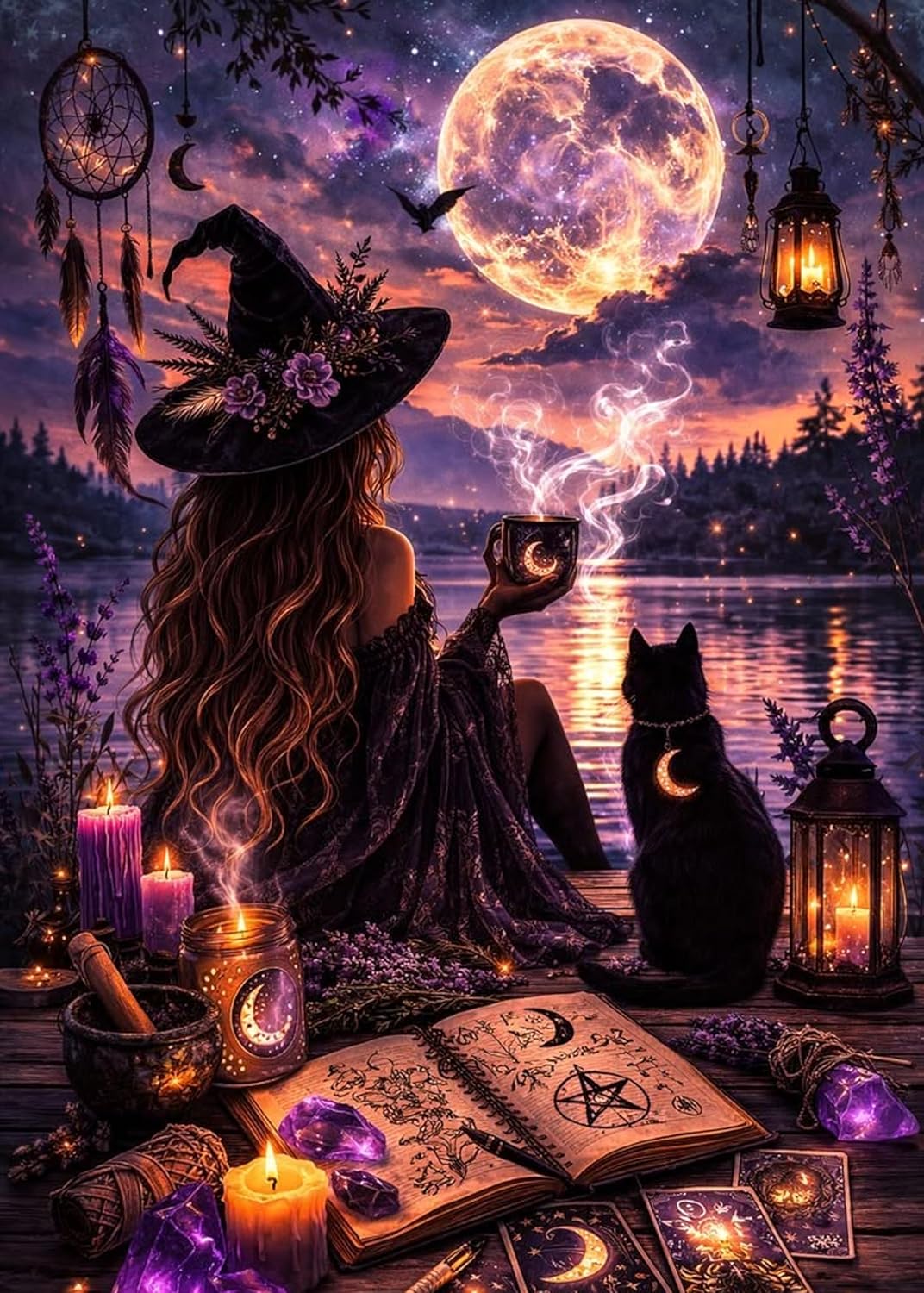 Beautiful Witch Diamond Art Kit for Adults, Halloween 5D Full