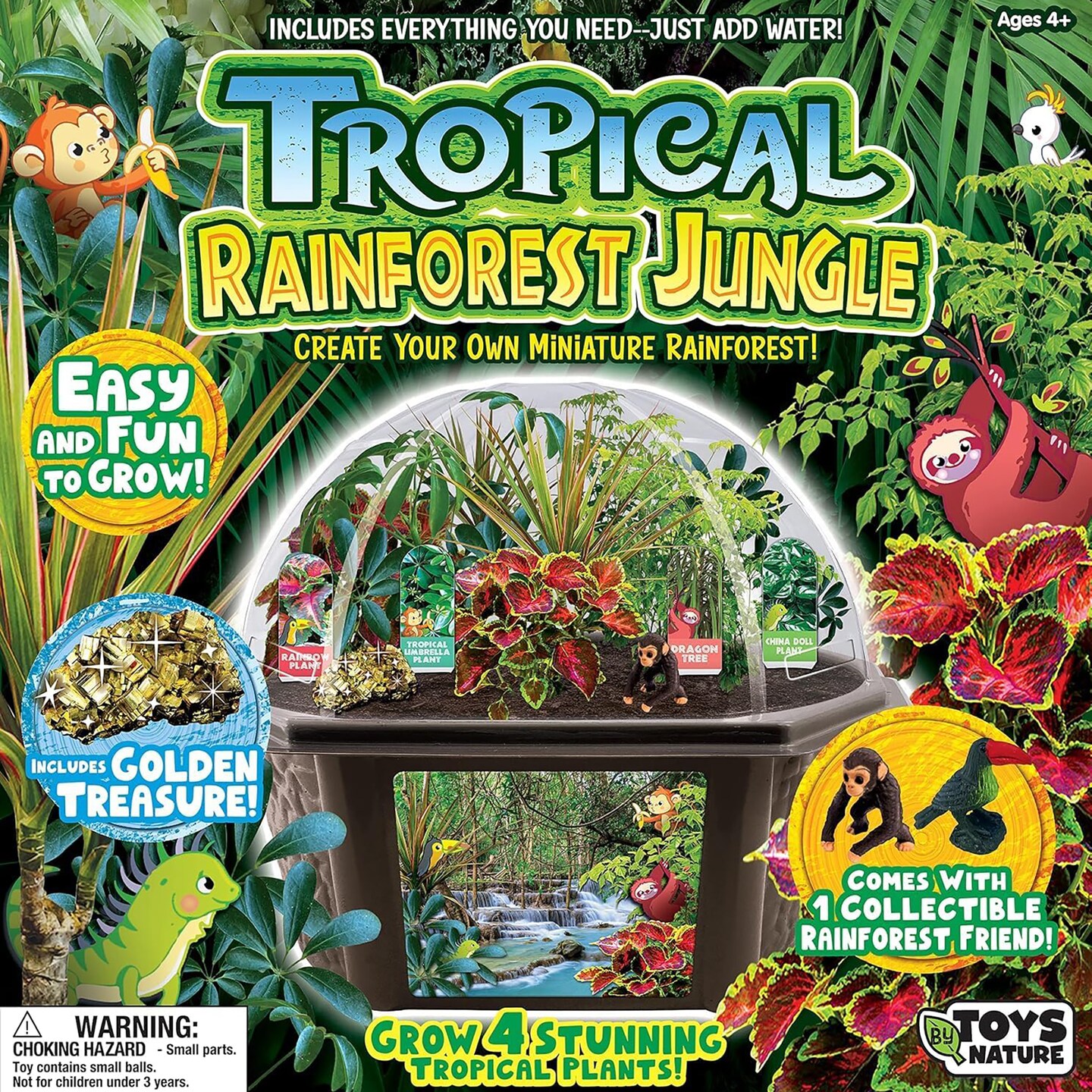 Toys By Nature: Tropical Rainforest Jungle - DIY Biosphere Terrarium Kit, Grow A Mini Plant Jungle, Golden Treasure &#x26; Animal Figure, Adults-Kids 4+