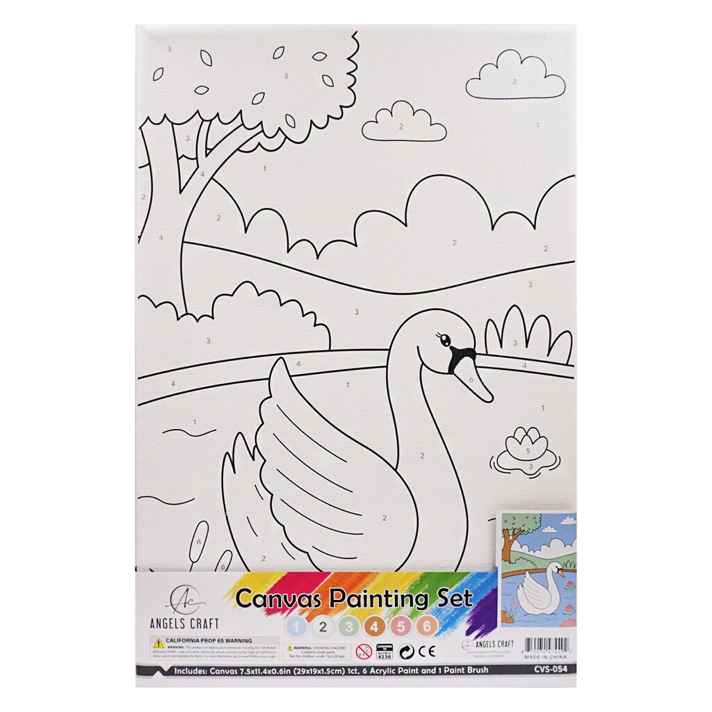 Angels Craft Paint by Number Canvas Set - Lily Pond Swan | Includes: 1 Pre-printed Canvas, 6 Acrylic Paint pots, 1 Artist Brush