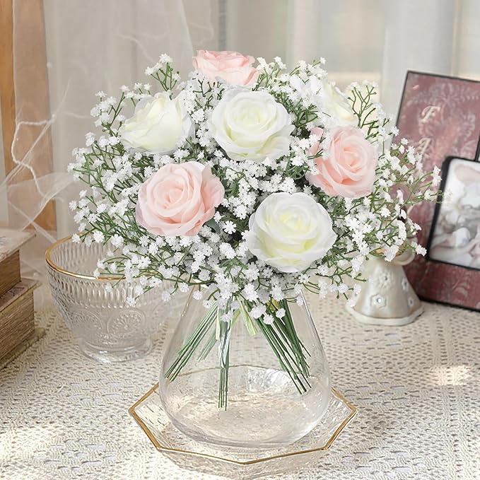 Babys Breath Artificial Flowers, 18 Pcs White Fake Baby Breath Flowers Artificial Bulk Real Touch Faux Gypsophila Bouquets for Wedding Floral Arrangement Party Home Decoration