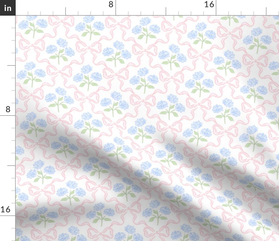 Preppy Bow Floral Delicate Pastel Flowers Feminine Traditional Easter Hydrangea Blue Pink White Cottagecore Custom Printed Fabric by Spoonflower Various Fabrics by the Yard or Fat Quarter