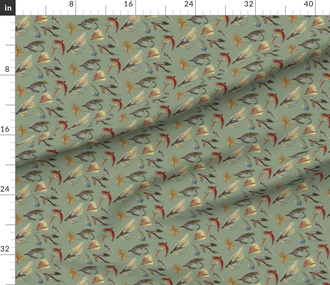 Various Fabrics by the Yard or Fat Quarter Fly Fishing Lures Man Cave Outdoors Men Olive Green Neutral Vintage Hand Recreation Red Custom Printed Fabric by Spoonflower