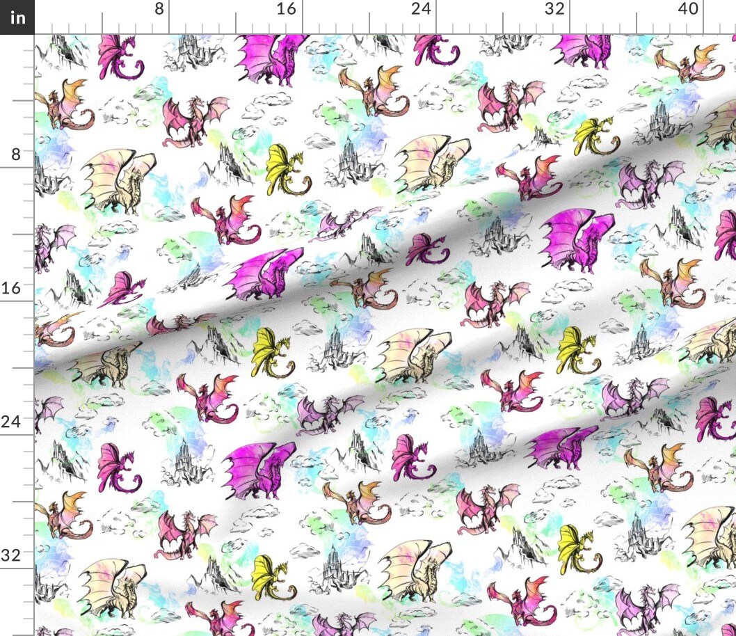Dragon Rainbow Dragons Multi Book Illustration Custom Printed Fabric by Spoonflower Various Fabrics by the Yard or Fat Quarter