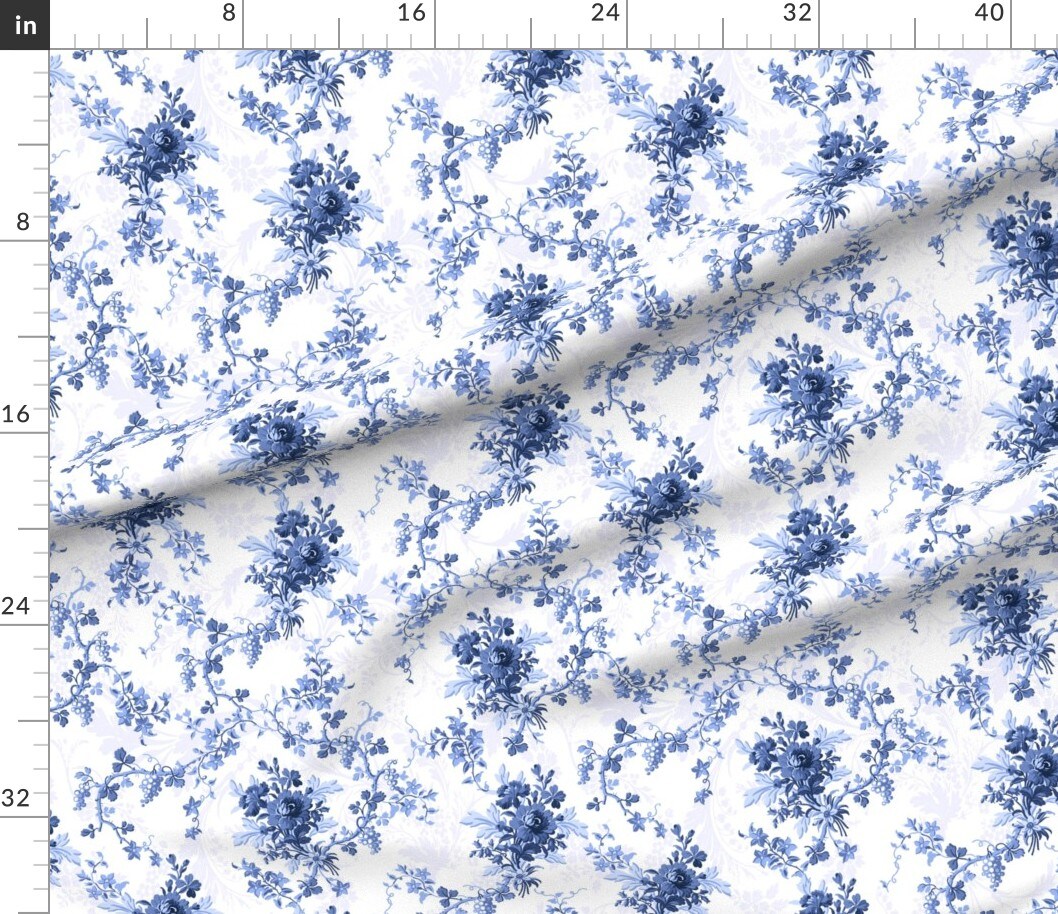 Ink Navy Blue White Roses Flowers Chinoiserie Vintage Floral Summer Spring Nature French Country Custom Printed Fabric by Spoonflower Various Fabrics by the Yard or Fat Quarter