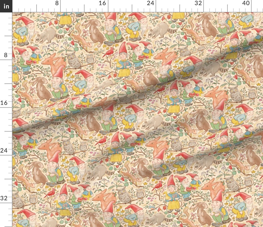 Various Fabrics by the Yard or Fat Quarter Woodland Gnomes Large Green Blue Yellow Red Forest Custom Printed Fabric by Spoonflower