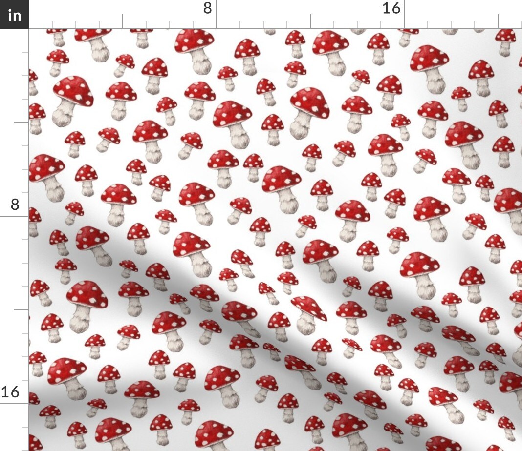 Mushroom Red White Woodland Fantasy Watercolor Custom Printed Fabric by Spoonflower Various Fabrics by the Yard or Fat Quarter
