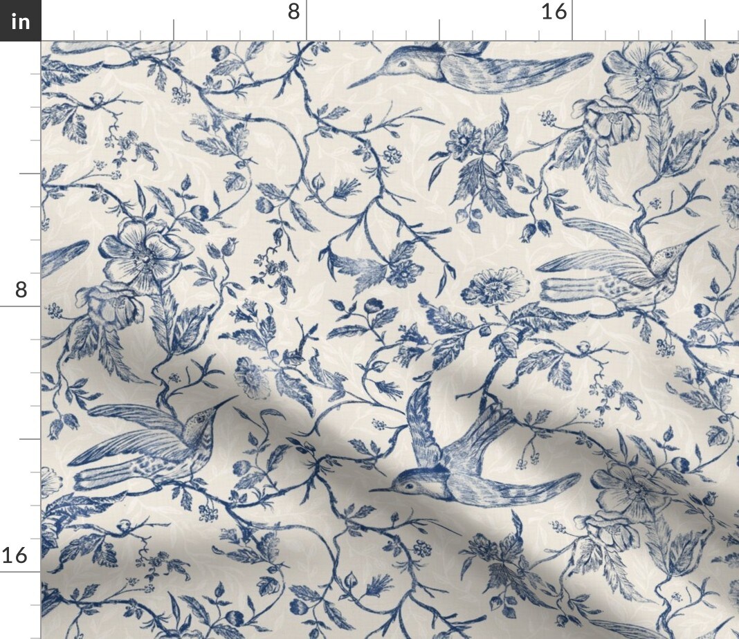 Blue Floral Toile Chinoiserie Rococo French Country Vintage Birds Roses Cottage Chic English Cottagecore Custom Printed Fabric by Spoonflower Various Fabrics by the Yard or Fat Quarter 15235563
