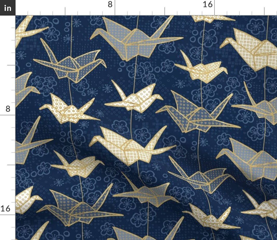 Luck Cranes Origami Japanese Crane Peace Gold Cherry Blossom Japan Birds Custom Printed Fabric by Spoonflower Various Fabrics by the Yard or Fat Quarter