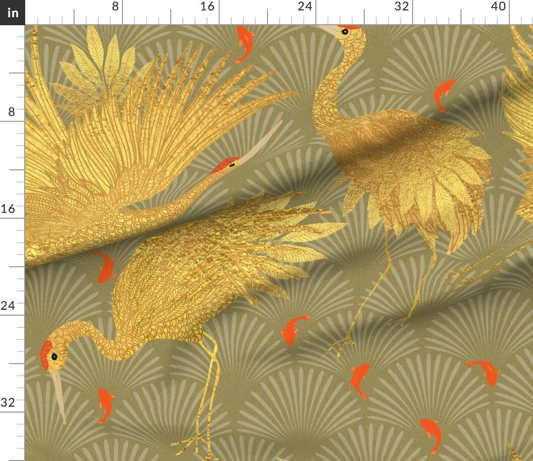 Various Fabrics by the Yard or Fat Quarter Art Deco Crane 1920s Large Gold Grass Fish Nouveau Cranes Scallops Custom Printed Fabric by Spoonflower