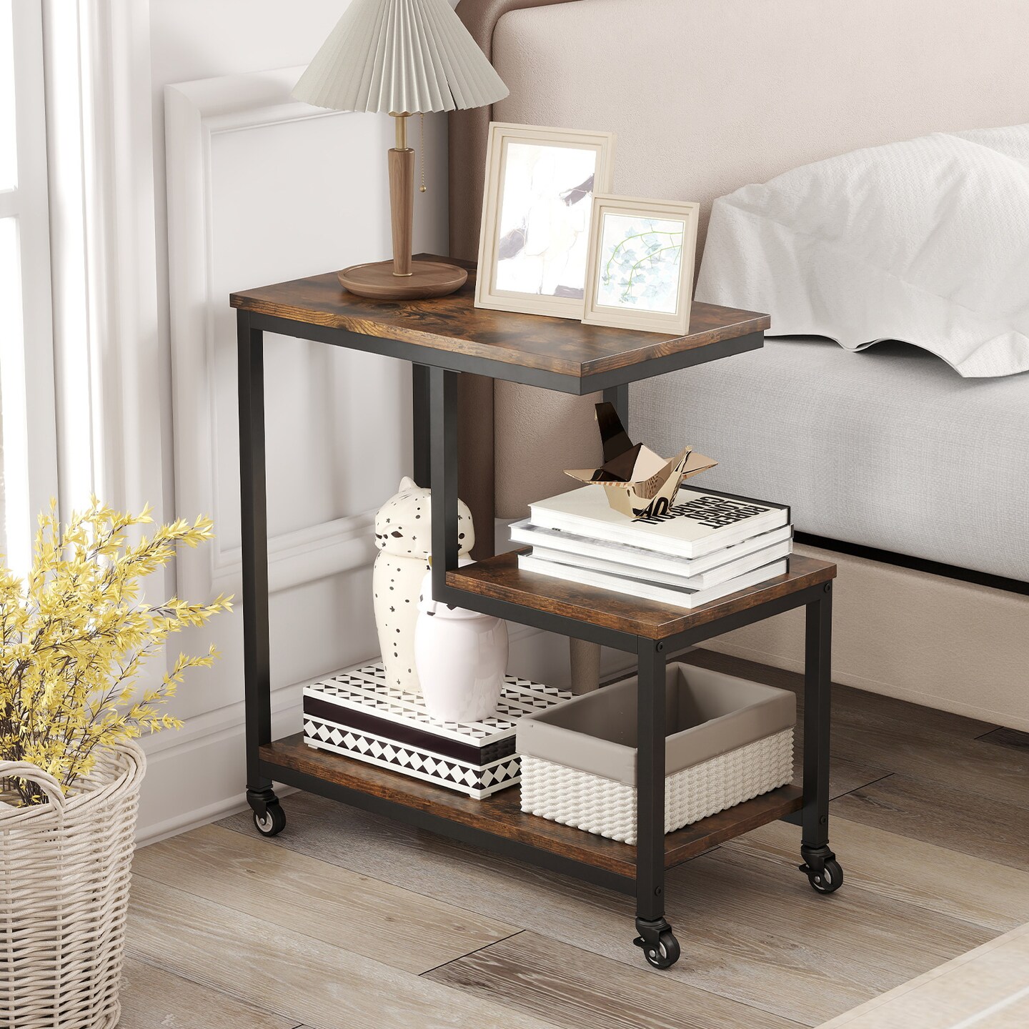 3-Tier G-Shaped End Table with Open Shelves and Mobile Casters for Home Use