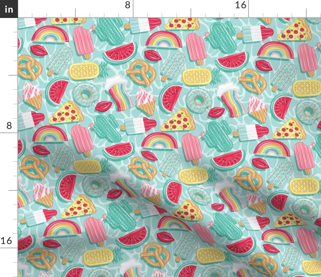 Pool Float Small Scale Aqua Summer Beach Watermelon Pineapple Rainbow Custom Printed Fabric by Spoonflower Various Fabrics by the Yard or Fat Quarter