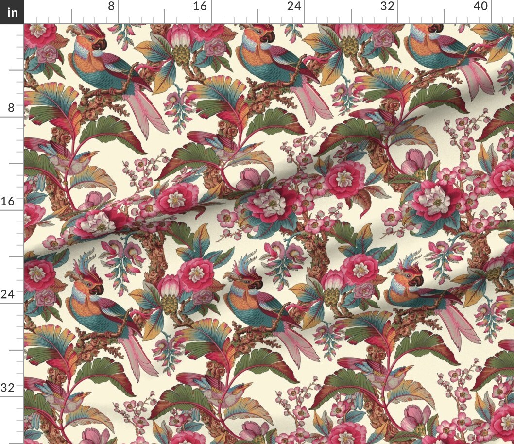 Exotic Birds Pink Botanical Tropical Flowers Summer Foliage Parrots Custom Printed Fabric by Spoonflower Various Fabrics by the Yard or Fat Quarter