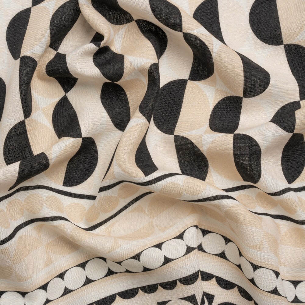 1 Yard Black and White Split Circles Viscose and Linen Woven Panel Print Fabric