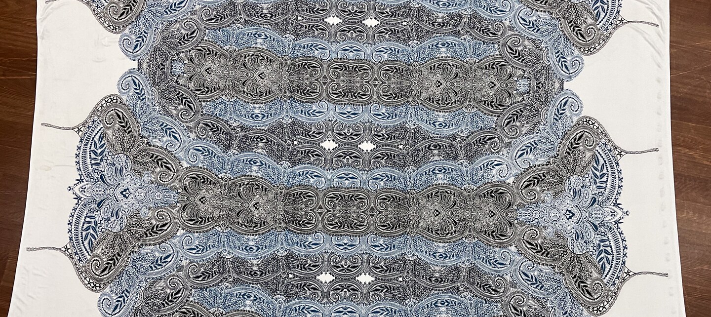 Navy Blue-White-Black Lace Border Printed Stretch Poly Jersey Knit Fabric By the Yard