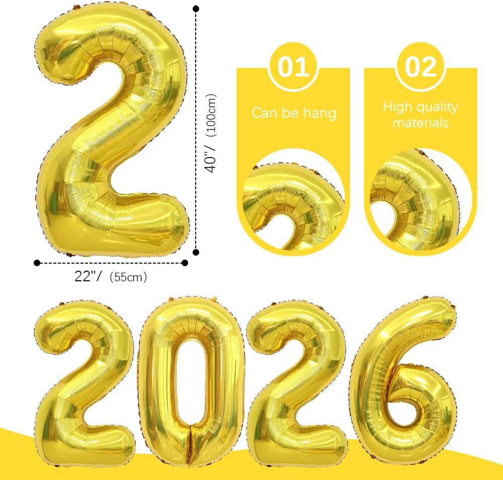 Jumbo 40-Inch Gold 2026 Number Balloons - Large Mylar Foil Graduation Sign - Class of 2026 Decorations for College, High School & Prom - Giant 2026 New Year’s Eve Party Supplies