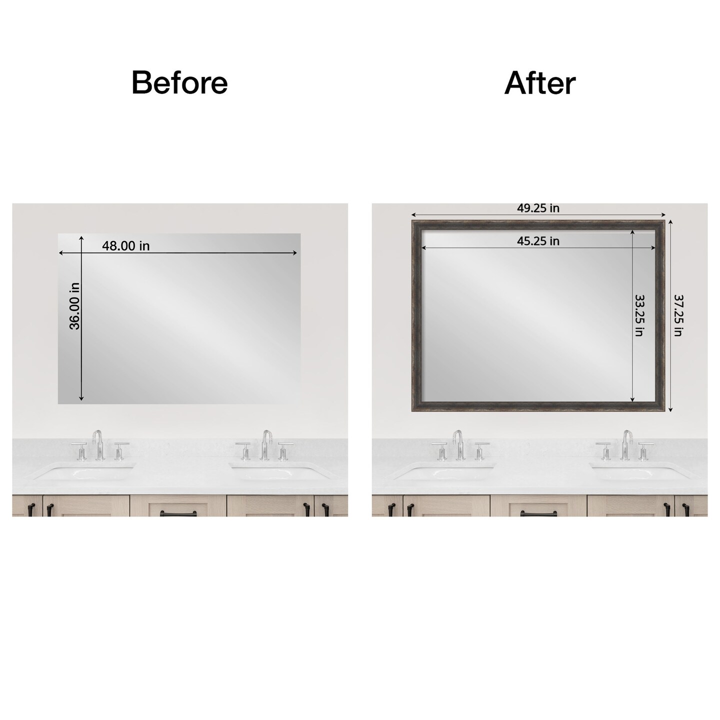Amanti Art Mirror Makeover Bathroom Mirror Frame Border Kit - Fully Assembled Peel and Stick Frame - Mirror NOT Included - Bark Rustic Char Narrow Trim