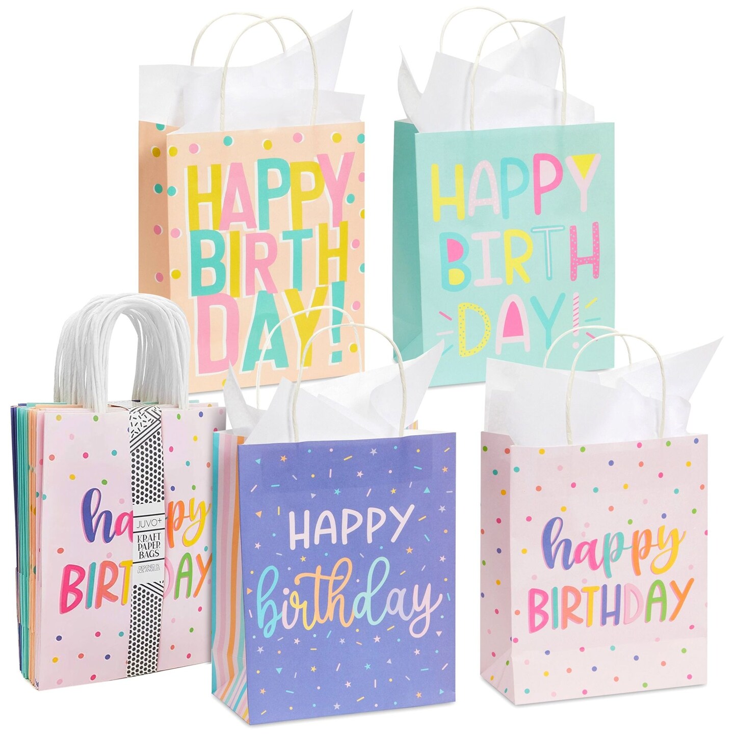 24 Pack 8 x 10 x 4 Inch Happy Birthday Gift Bags with Handles and 24 Sheets White Tissue Paper, Medium Party Favor Bags for Goodies, Treats, 4 Pastel Colors