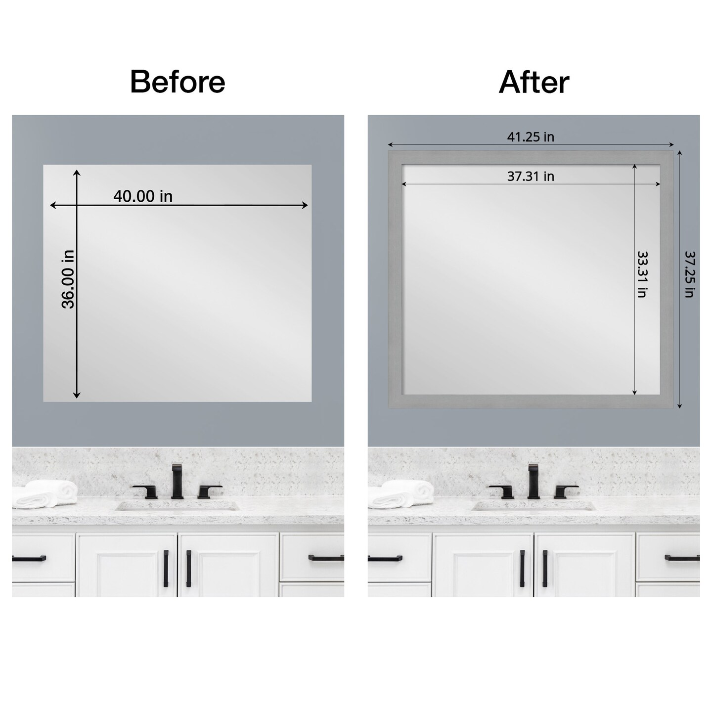 Amanti Art Mirror Makeover Bathroom Mirror Frame Border Kit - Fully Assembled Peel and Stick Frame - Mirror NOT Included - Brushed Black or Nickel Trim