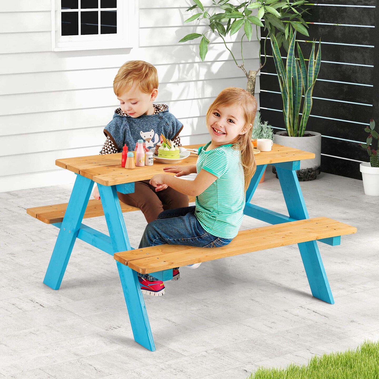 Kids Picnic Table Set Children Outdoor Wooden Table with Bench Seats Backyard