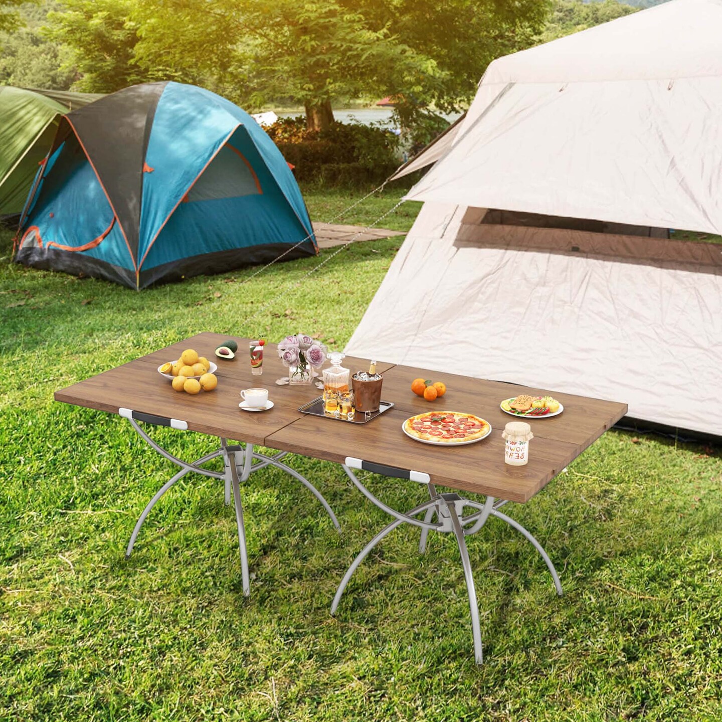 Costway 2 Pack Folding Camping Table with Wood-grain Tabletop Aluminum Frame Carrying Bag