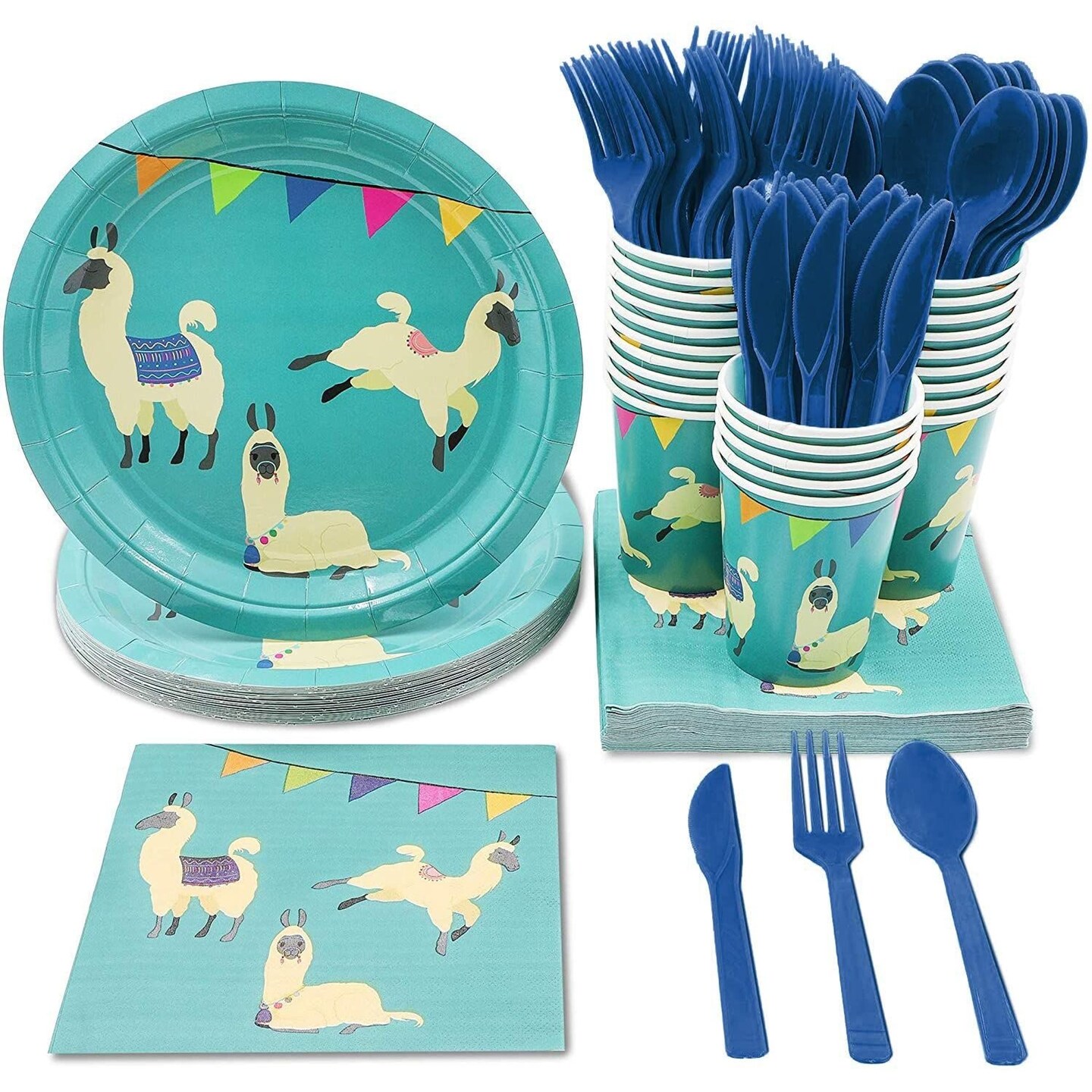 Llama Birthday Party Bundle, Includes Plates, Napkins, Cups, and Cutlery (Serves 24, 144 Pieces)