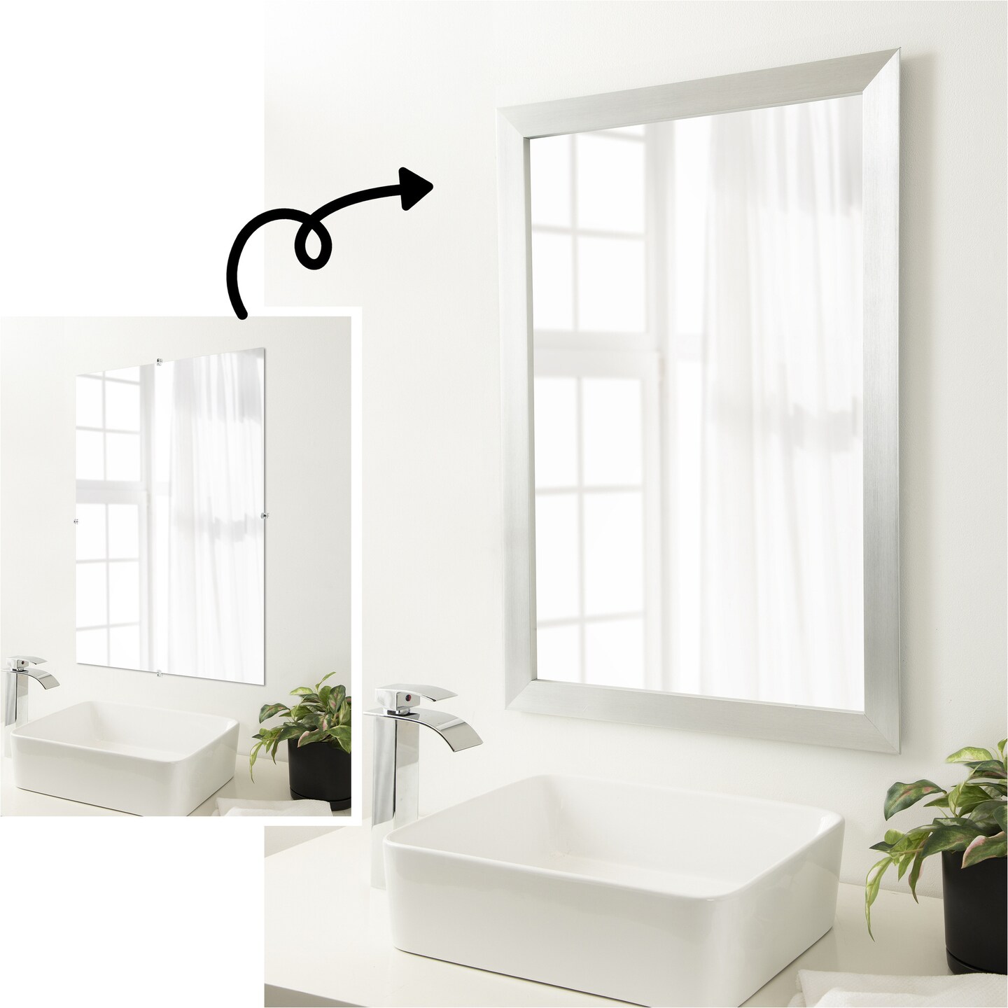 Amanti Art Mirror Makeover Bathroom Mirror Frame Border Kit - Fully Assembled Peel and Stick Frame - Mirror NOT Included - Brushed Black or Nickel Trim