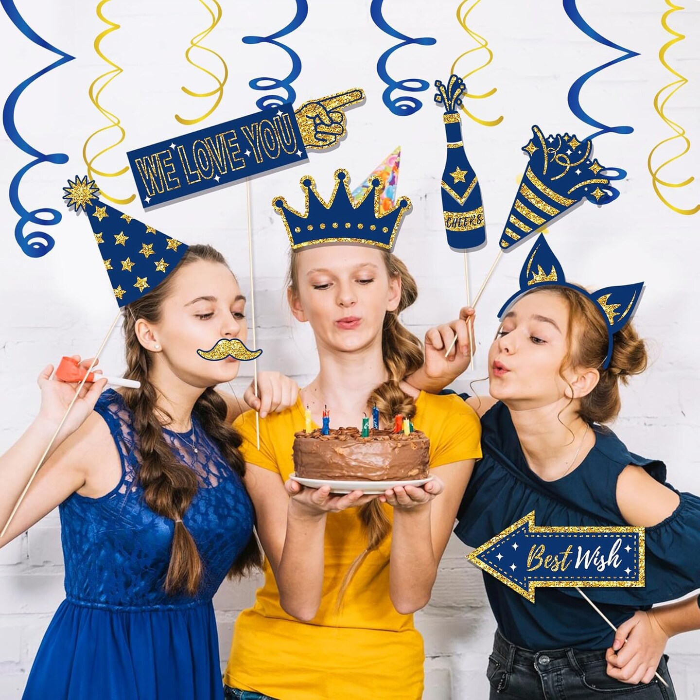 36-Piece Blue Happy Birthday Photo Booth Props, Glitter Party Decorations, Letter Print Card Material, Perfect for Forever Young Cheers Celebration