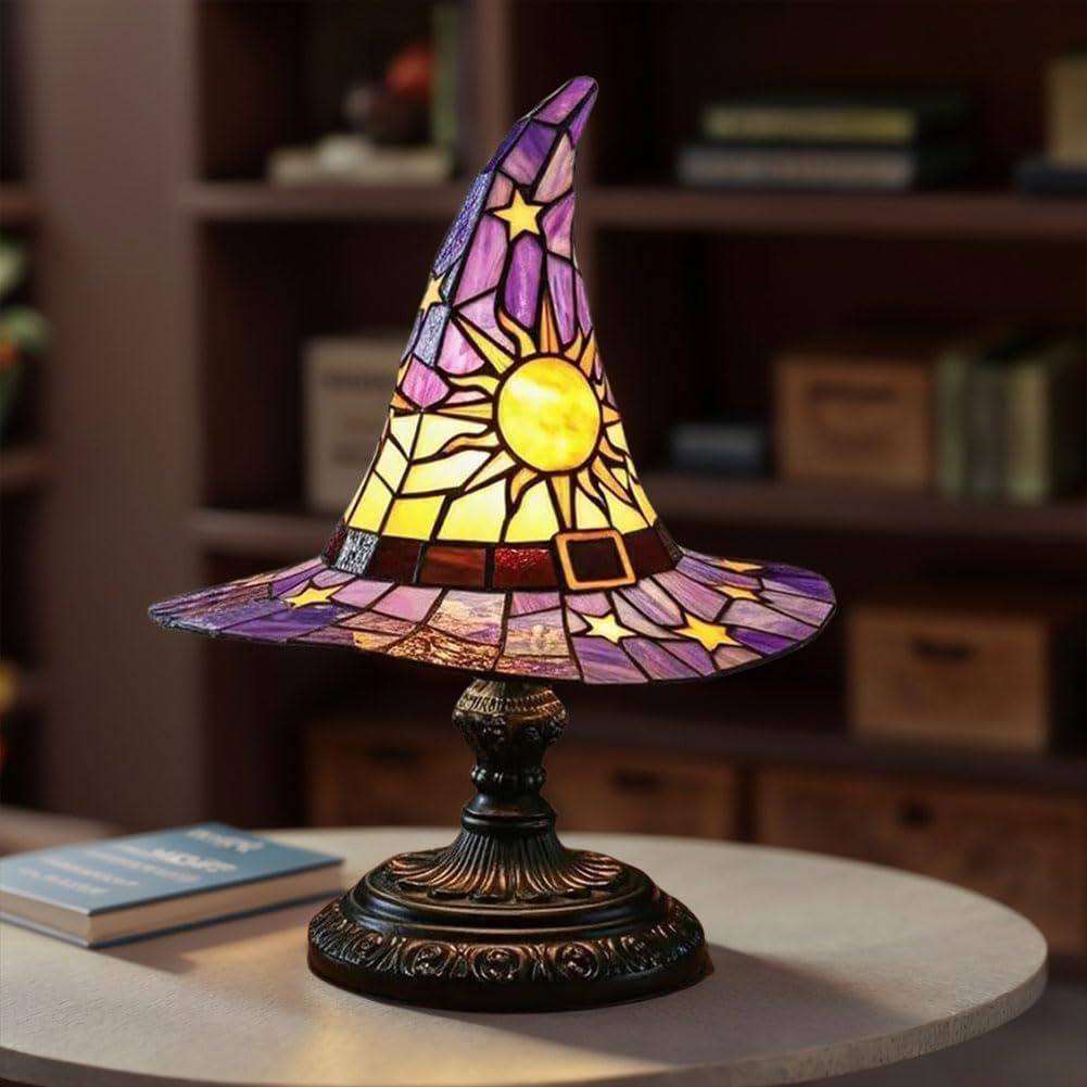 Witch Hat Lamps, Handcrafted Stained Glass Resin Wizard Hat Light Gothic Table Lamp for Halloween Decor, Spooky Night Light for Bedroom and Indoor Parties, Unique Wiccan Gift