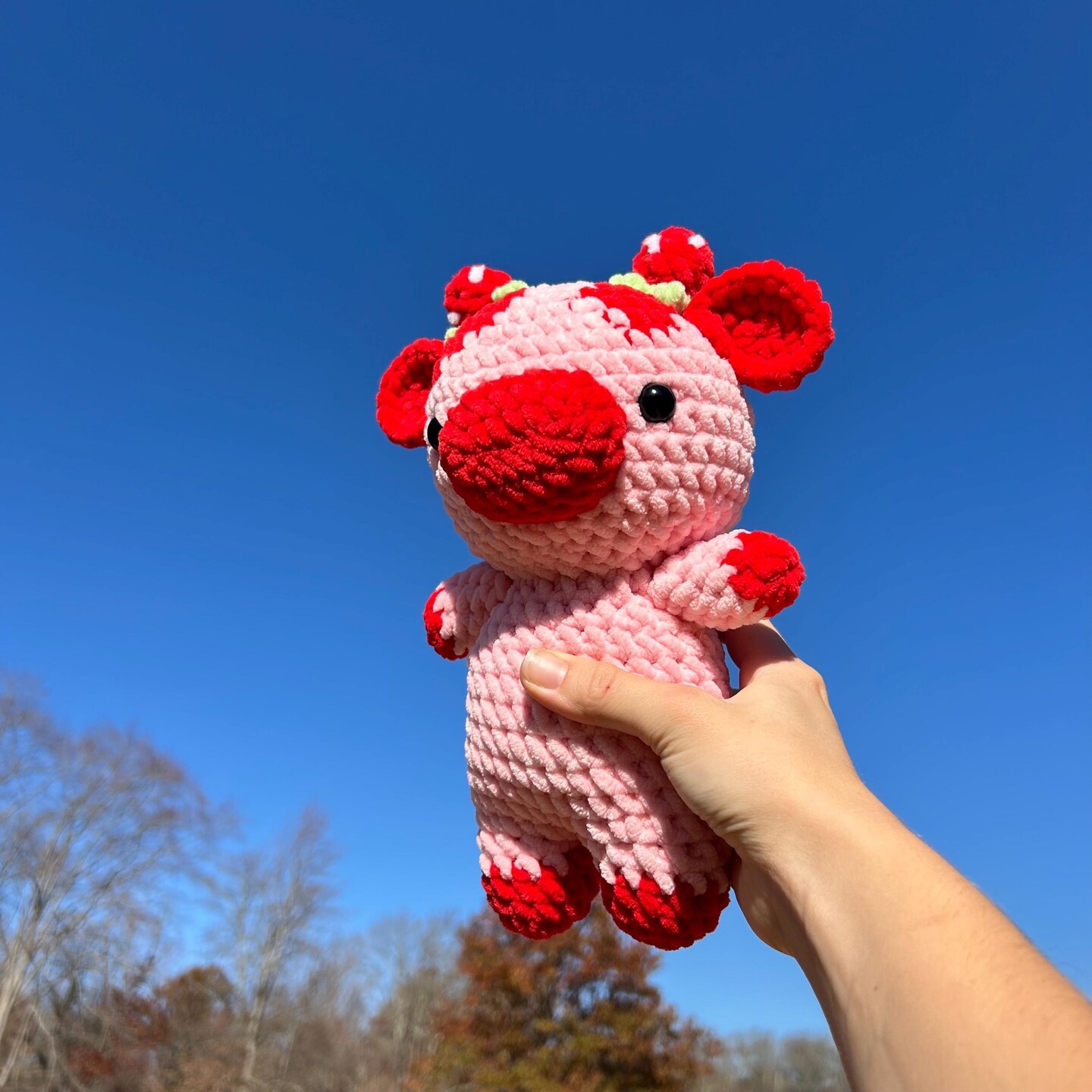 Strawberry crochet cow, fluffy custom plushie, pink and red cow