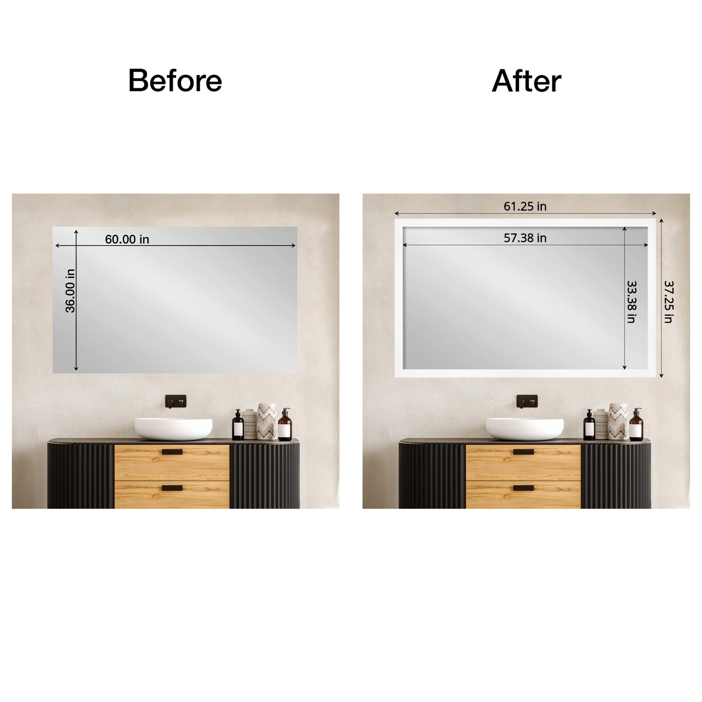 Amanti Art Mirror Makeover Bathroom Mirror Frame Border Kit - Fully Assembled Peel and Stick Frame - Mirror NOT Included - Cabinet White Narrow Trim