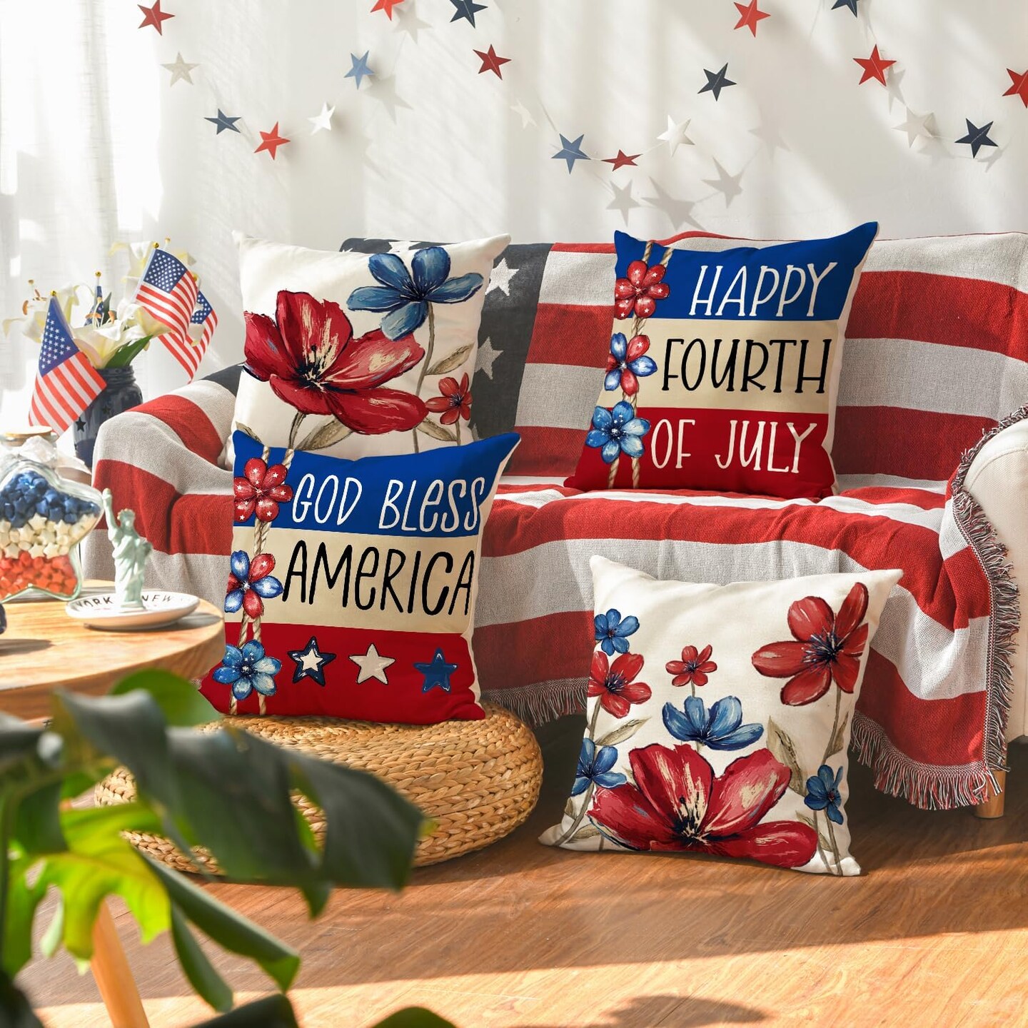 God Bless America Poppy Floral Stars Stripes Throw Pillow Covers 18 x 18