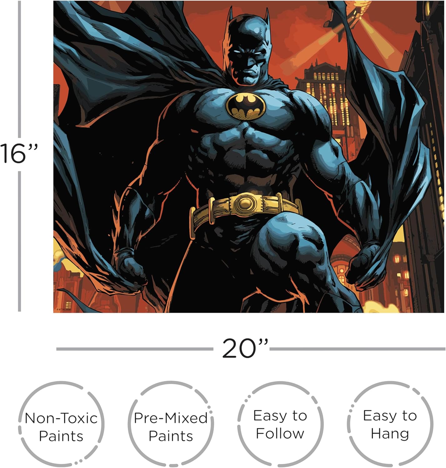 Batman Art by Numbers Painting Kit (16 x 20 Stretched Canvas) 24 Paints, 3 Paint Brushes, Ready to Hang, Officially Licensed DC Comics Collectible - 16x20 in