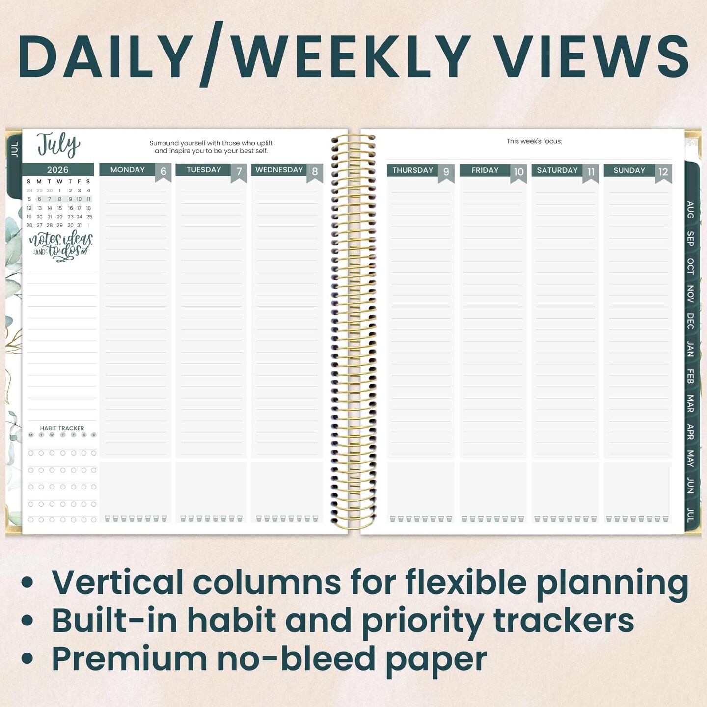 bloom daily planners 2026–2027 Academic Vision Planner, 13-Month Monthly & Weekly Hard Cover, 7.5" x 9", Eucalyptus