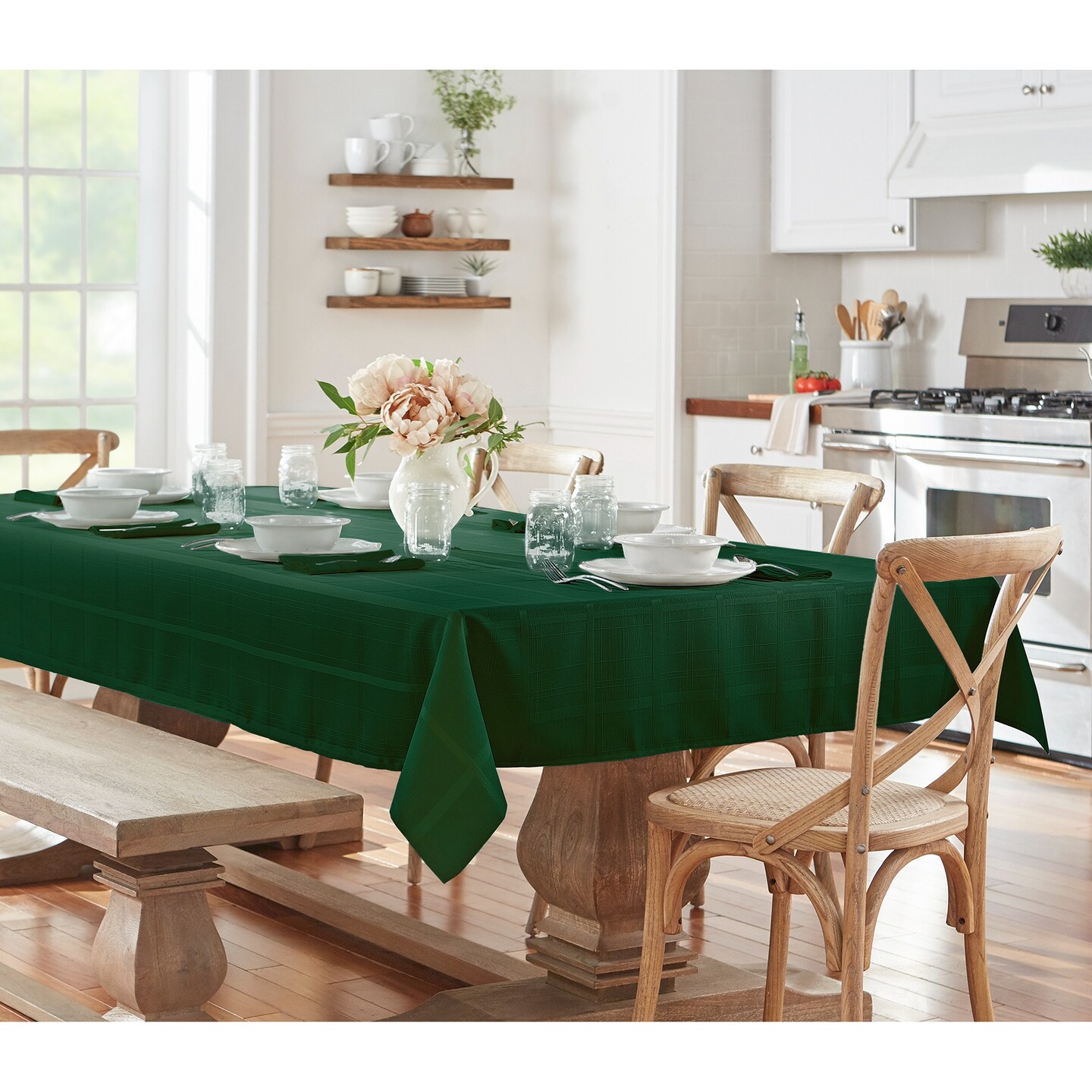 Threadmade Home Elegance Plaid Jacquard Tablecloth, Holly Green - 60"W x 84"L