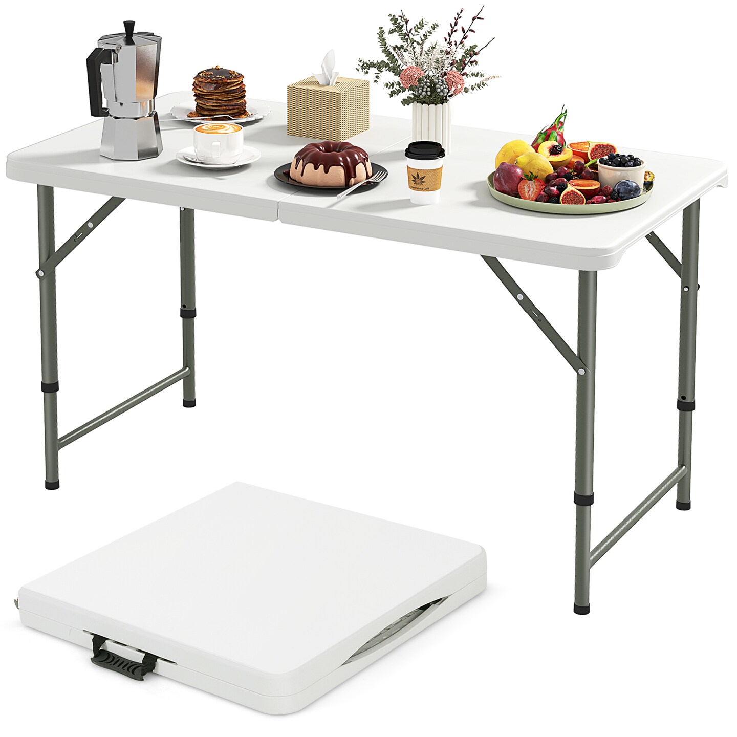 White 4 Feet HDPE Portable Rectangular Camping Table with Metal Legs and Height Adjustable